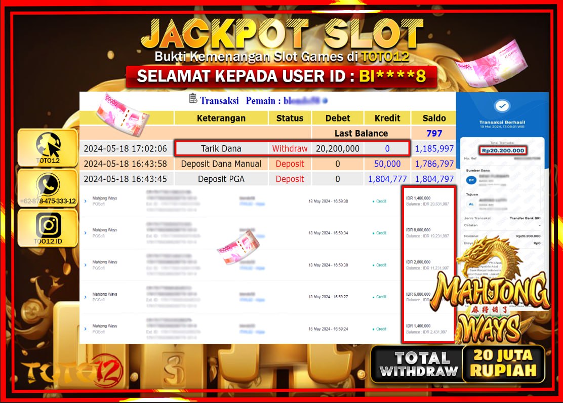 HANYA DI TOTO12 JP PASTI DI BAYAR LUNAS DAN CEPAT!!!!!! JACKPOT SLOT GAME ( MAHJONG WAYS ) Rp.20.000.000 !!!!