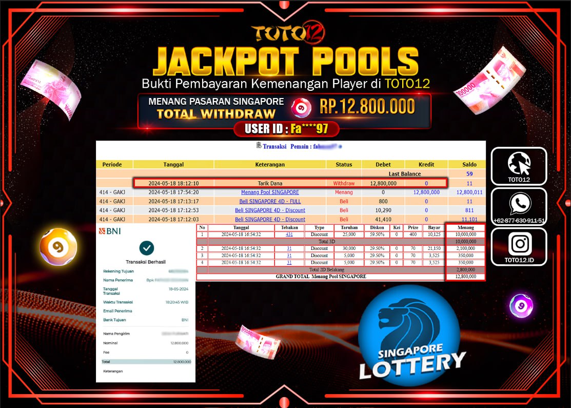 HANYA DI TOTO12 JP PASTI DI BAYAR LUNAS DAN CEPAT!!!!!! JACKPOT POOLS MENANG PASARAN ( SINGAPURE ) Rp.12.800.000 !!!!