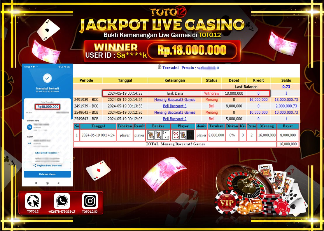 HANYA DI TOTO12 JP PASTI DI BAYAR LUNAS DAN CEPAT!!!!!! JACKPOT LIVE CASINO GAME ( BACCARAT3 ) Rp.18.000.000 !!!!