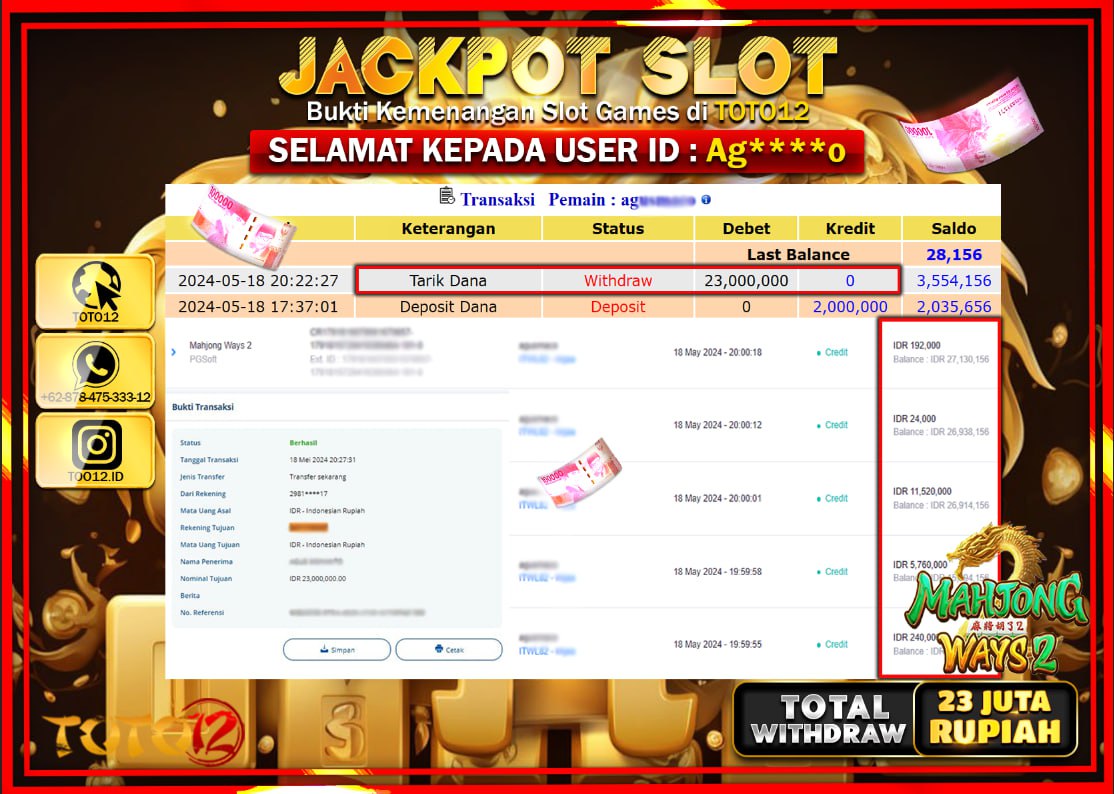 HANYA DI TOTO12 JP PASTI DI BAYAR LUNAS DAN CEPAT!!!!!! JACKPOT SLOT GAME ( MAHJONG WAYS 2 ) Rp.23.000.000 !!!!
