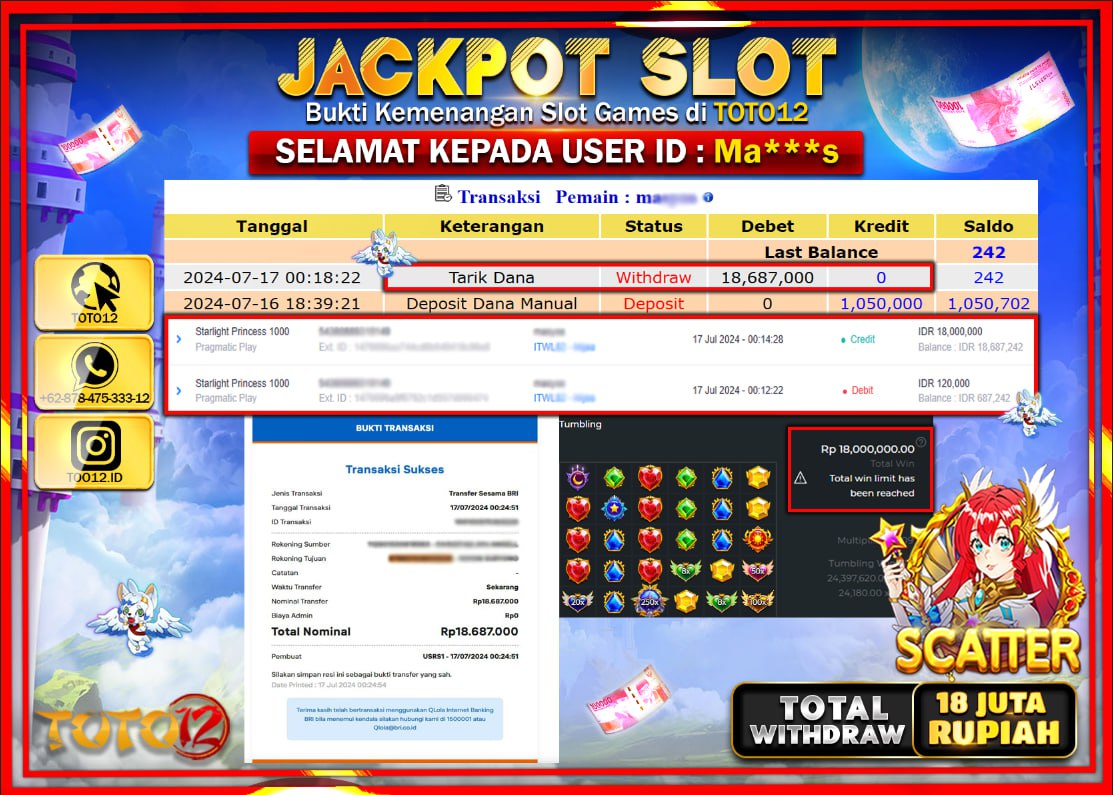 HANYA DI TOTO12 JP PASTI DI BAYAR LUNAS DAN CEPAT!!!!!! JACKPOT SLOT GAME ( STARLIGHT PRINCESS 1000 ) Rp.18.000.000 !!!!