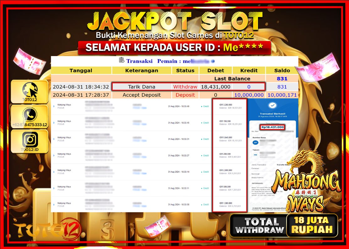 HANYA DI TOTO12 JP PASTI DI BAYAR LUNAS DAN CEPAT!!!!!! JACKPOT SLOT GAME ( MAHJONG WAYS ) Rp.18.000.000 !!!!