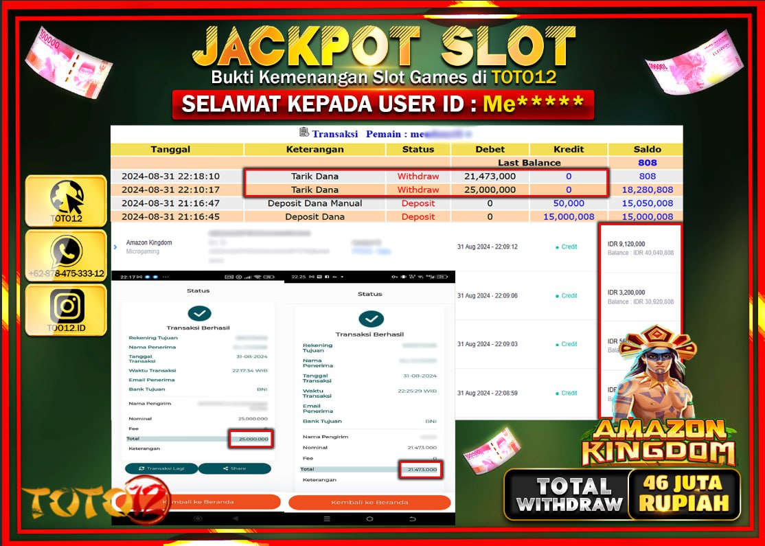 HANYA DI TOTO12 JP PASTI DI BAYAR LUNAS DAN CEPAT!!!!!! JACKPOT SLOT GAME ( AMAZON KINGDOM ) Rp.46.000.000 !!!!