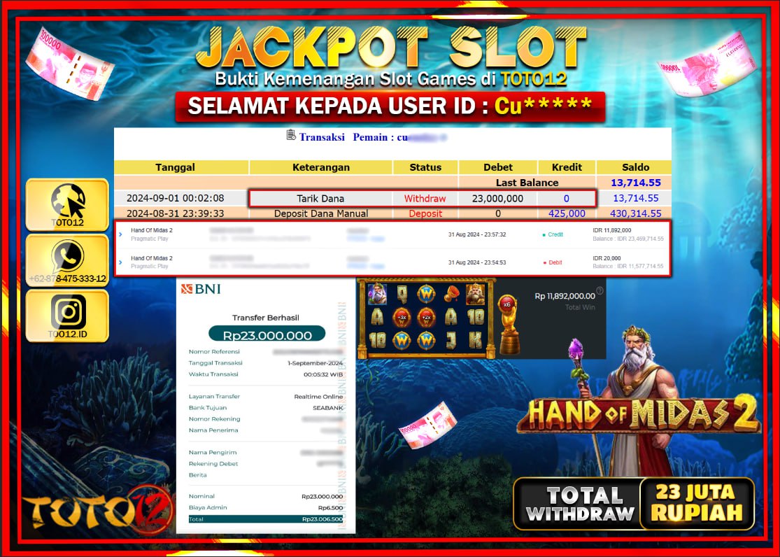 HANYA DI TOTO12 JP PASTI DI BAYAR LUNAS DAN CEPAT!!!!!! JACKPOT SLOT GAME ( HAND OF MIDAS 2 ) Rp.23.000.000 !!!!
