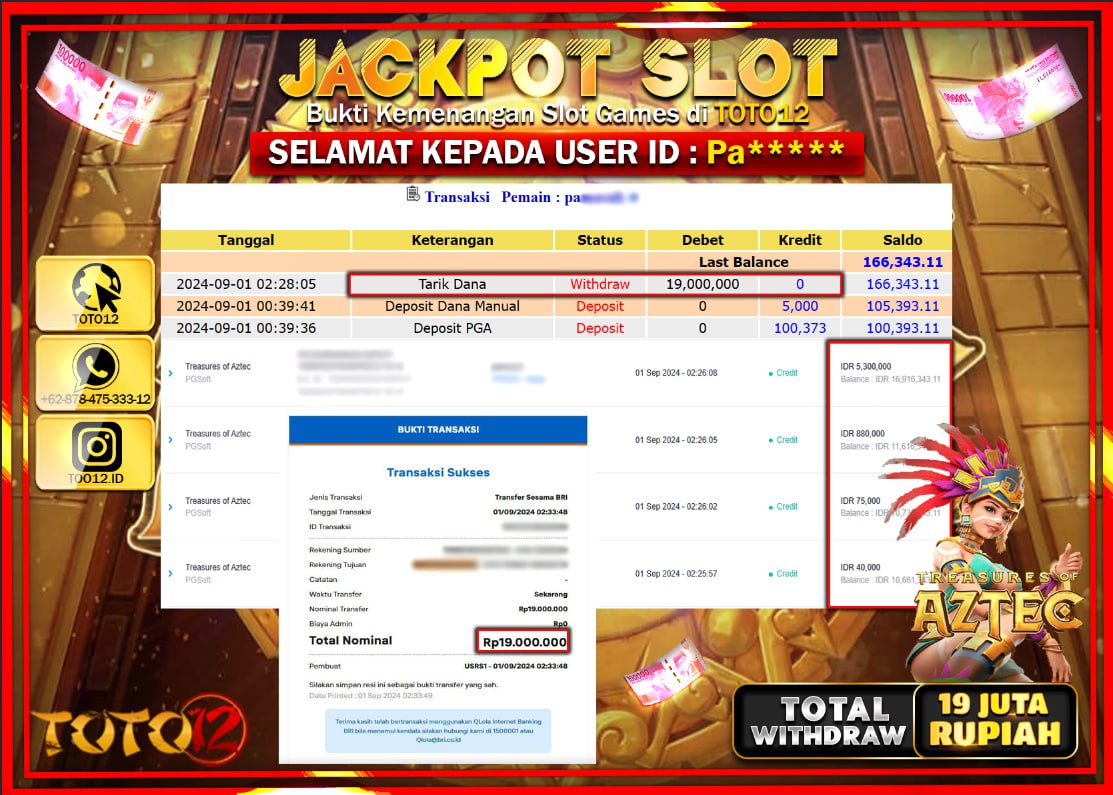 HANYA DI TOTO12 JP PASTI DI BAYAR LUNAS DAN CEPAT!!!!!! JACKPOT SLOT GAME ( TREASURE OF AZTEC ) Rp.19.000.000 !!!!