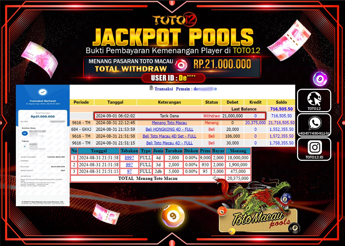 HANYA DI TOTO12 JP PASTI DI BAYAR LUNAS DAN CEPAT!!!!!! JACKPOT POOLS MENANG PASARAN ( TOTOMACAU4D ) Rp.21.000.000 !!!!