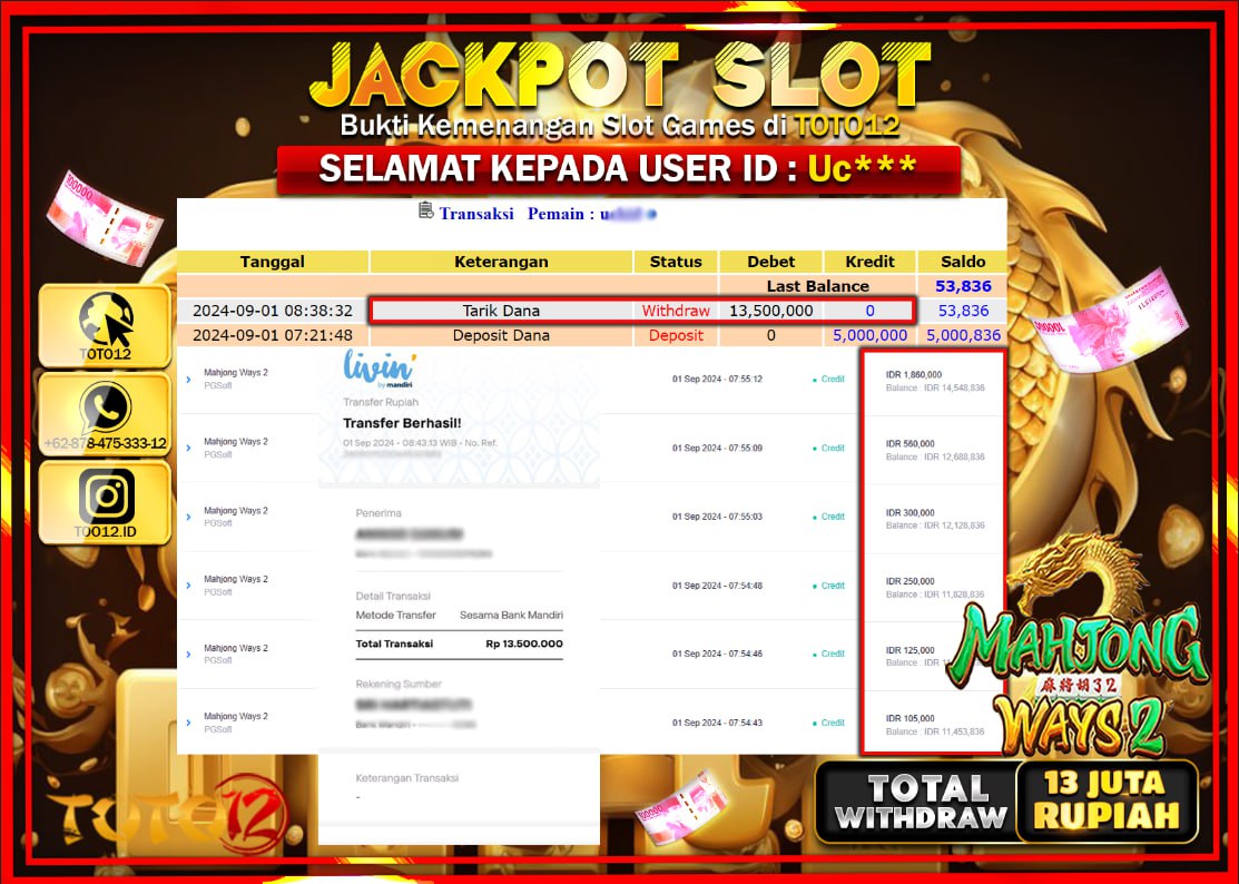 HANYA DI TOTO12 JP PASTI DI BAYAR LUNAS DAN CEPAT!!!!!! JACKPOT SLOT GAME ( MAHJONG WAYS 2 ) Rp.13.000.000 !!!!