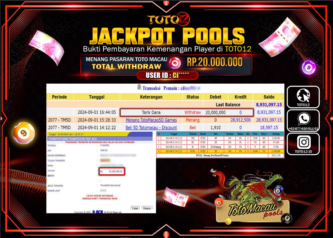 HANYA DI TOTO12 JP PASTI DI BAYAR LUNAS DAN CEPAT!!!!!! JACKPOT POOLS MENANG PASARAN ( TOTOMACAU4D ) Rp.20.000.000 !!!!