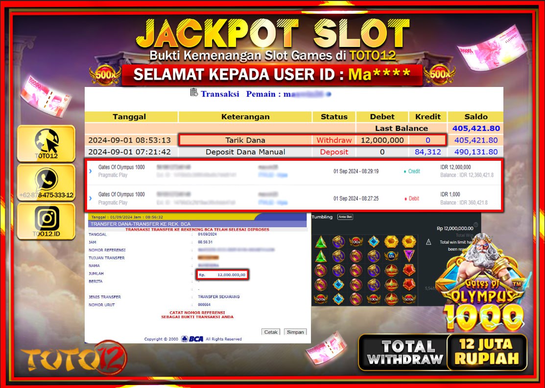 HANYA DI TOTO12 JP PASTI DI BAYAR LUNAS DAN CEPAT!!!!!! JACKPOT SLOT GAME ( GATES OF OLYMPUS 1000 ) Rp.12.000.000 !!!!