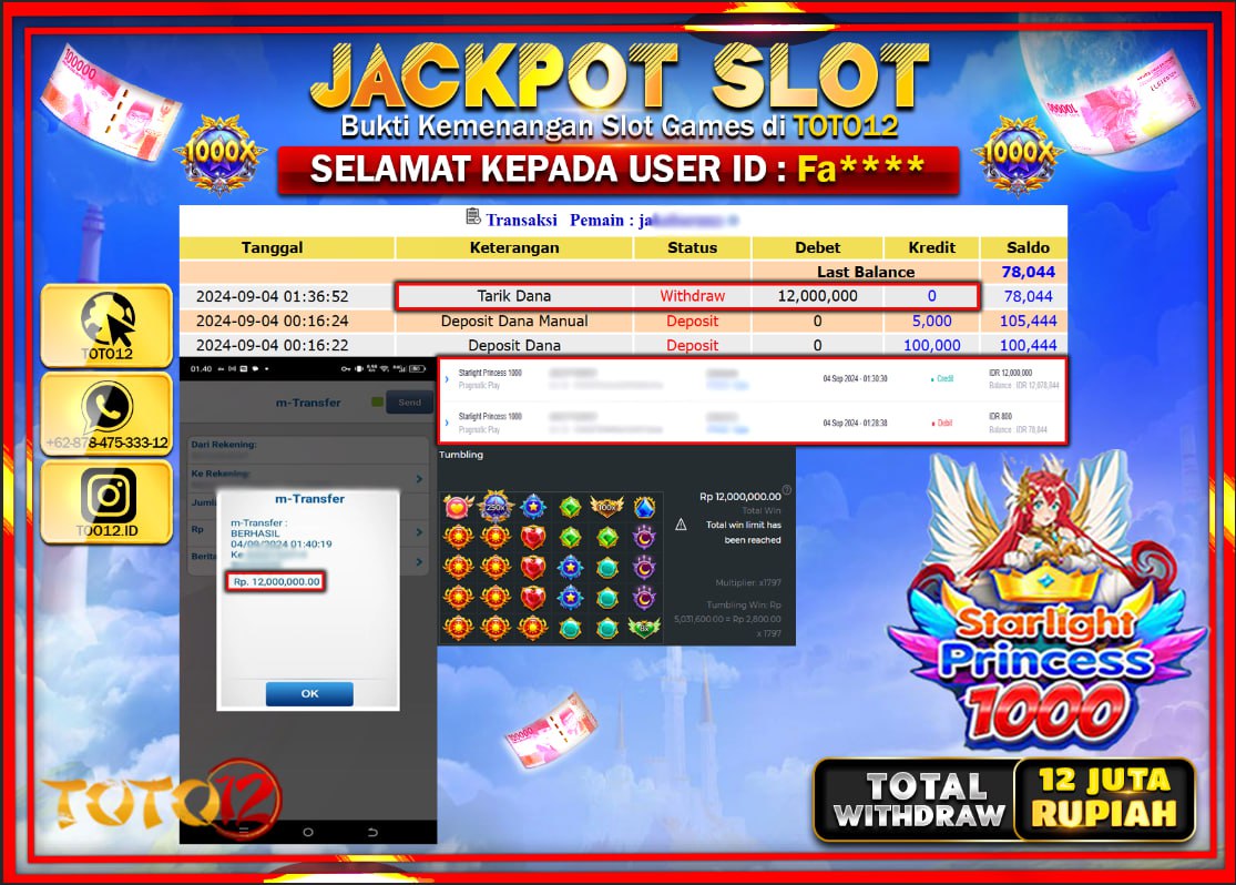 HANYA DI TOTO12 JP PASTI DI BAYAR LUNAS DAN CEPAT!!!!!! JACKPOT SLOT GAME ( STARLIGHT PRINCESS 1000 ) Rp.12.000.000 !!!!