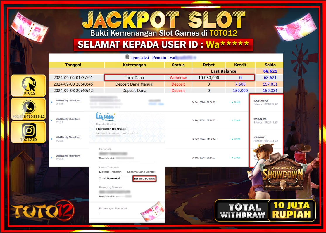HANYA DI TOTO12 JP PASTI DI BAYAR LUNAS DAN CEPAT!!!!!! JACKPOT SLOT GAME ( WILD BOUNTY SHOWDOWN ) Rp.10.000.000 !!!!