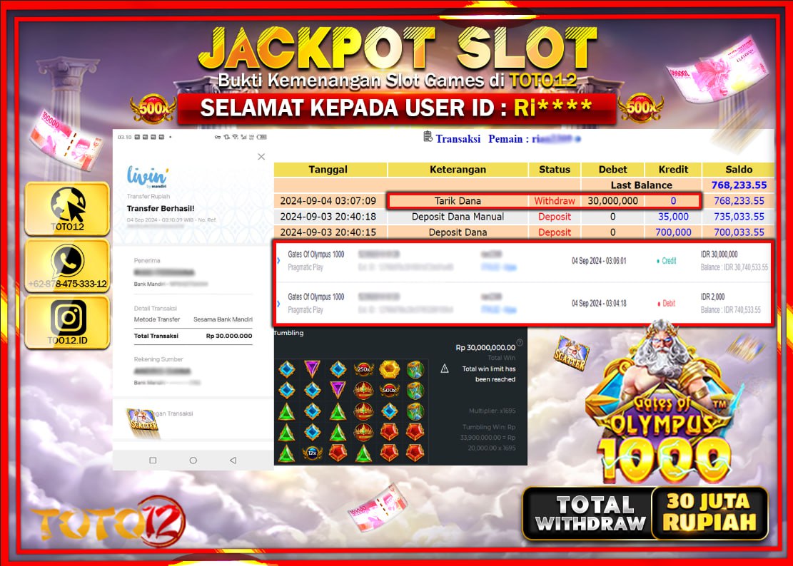 HANYA DI TOTO12 JP PASTI DI BAYAR LUNAS DAN CEPAT!!!!!! JACKPOT SLOT GAME ( GATES OF OLYMPUS 1000 ) Rp.30.000.000 !!!!