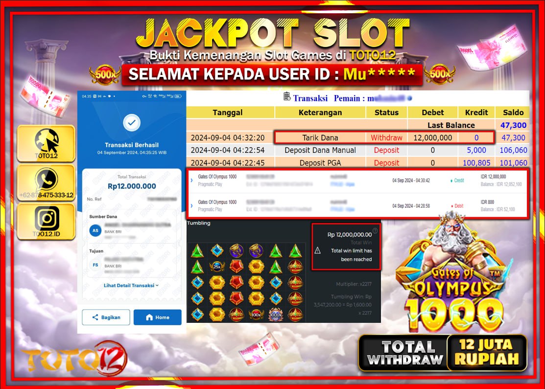 HANYA DI TOTO12 JP PASTI DI BAYAR LUNAS DAN CEPAT!!!!!! JACKPOT SLOT GAME ( GATES OF OLYMPUS 1000 ) Rp.12.000.000 !!!!