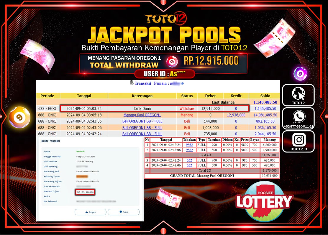 HANYA DI TOTO12 JP PASTI DI BAYAR LUNAS DAN CEPAT!!!!!! JACKPOT POOLS MENANG PASARAN ( OREGON 1 ) Rp.12.915.000 !!!!