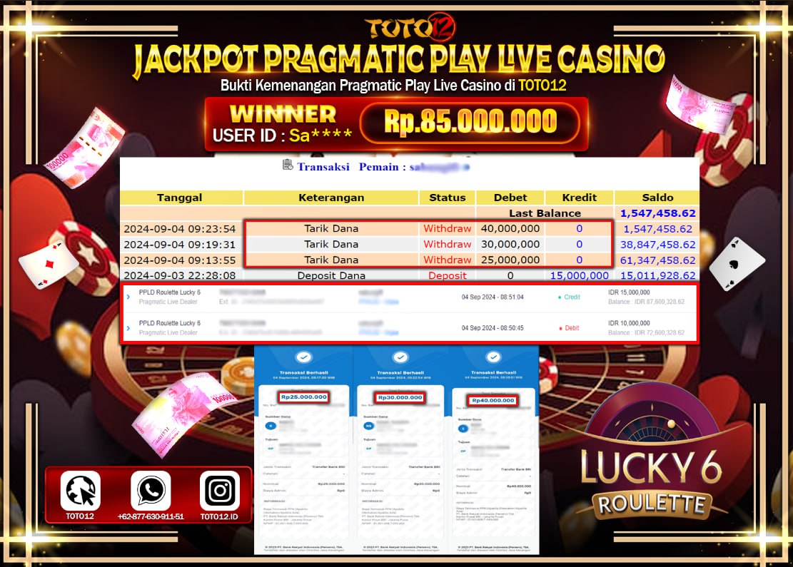 HANYA DI TOTO12 JP PASTI DI BAYAR LUNAS DAN CEPAT!!!!!! JACKPOT PRAGMATIC PLAY LIVE CASINO GAME  ( ROULETTE LUCKY 6 ) Rp.85.000.000 !!!!