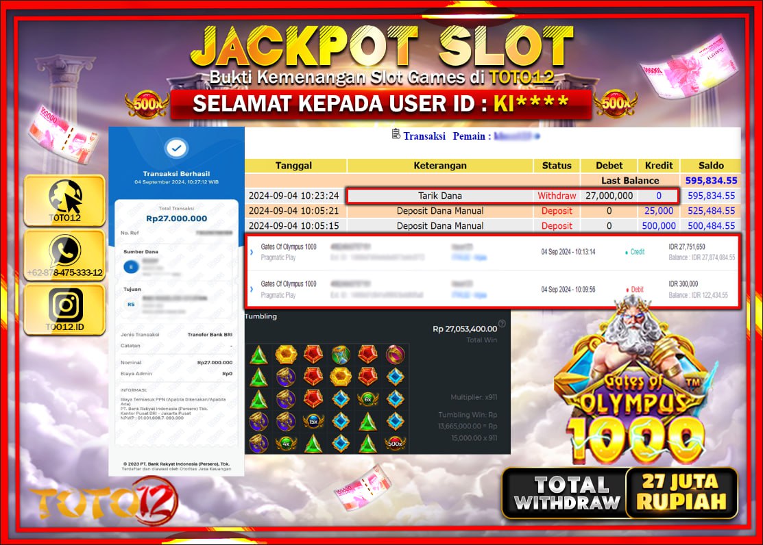 HANYA DI TOTO12 JP PASTI DI BAYAR LUNAS DAN CEPAT!!!!!! JACKPOT SLOT GAME ( GATES OF OLYMPUS 1000 ) Rp.27.000.000 !!!!