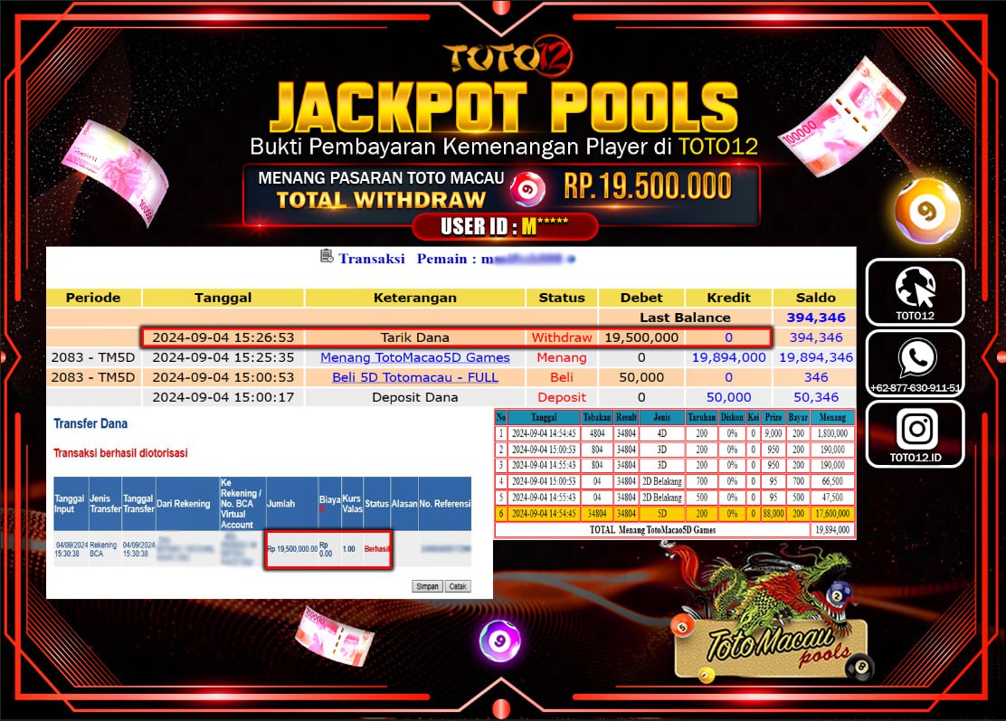 HANYA DI TOTO12 JP PASTI DI BAYAR LUNAS DAN CEPAT!!!!!! JACKPOT POOLS MENANG PASARAN ( TOTOAMCAU4D ) Rp.19.500.000 !!!!