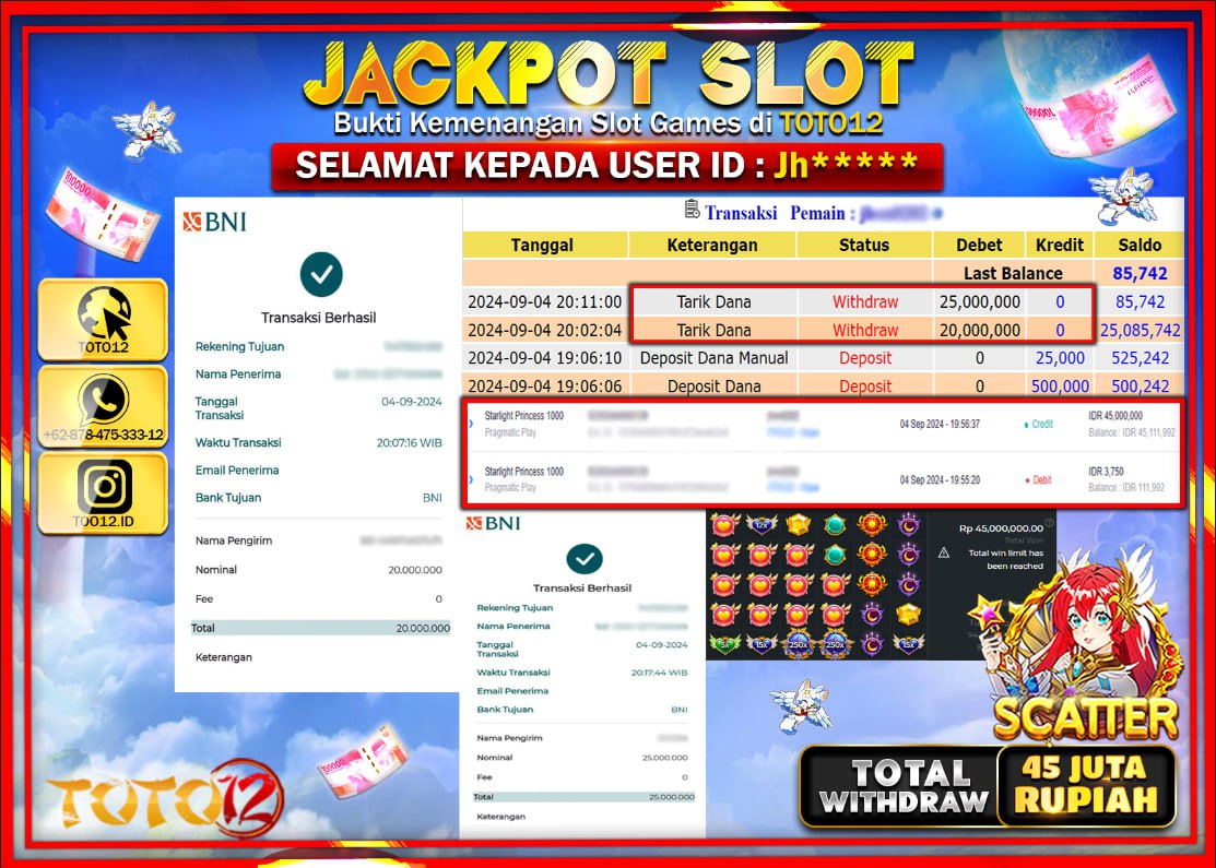 HANYA DI TOTO12 JP PASTI DI BAYAR LUNAS DAN CEPAT!!!!!! JACKPOT SLOT GAME ( STARLIGHT PRINCESS 1000 ) Rp.45.000.000 !!!!