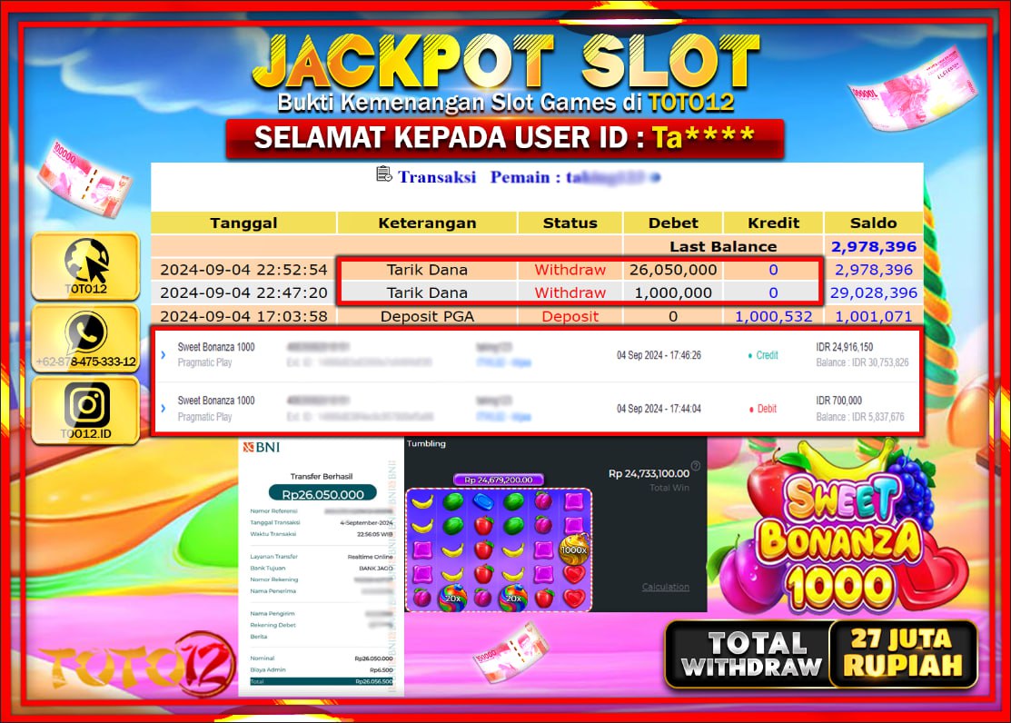 HANYA DI TOTO12 JP PASTI DI BAYAR LUNAS DAN CEPAT!!!!!! JACKPOT SLOT GAME ( SWEET BONANZA 1000 ) Rp.27.000.000 !!!!