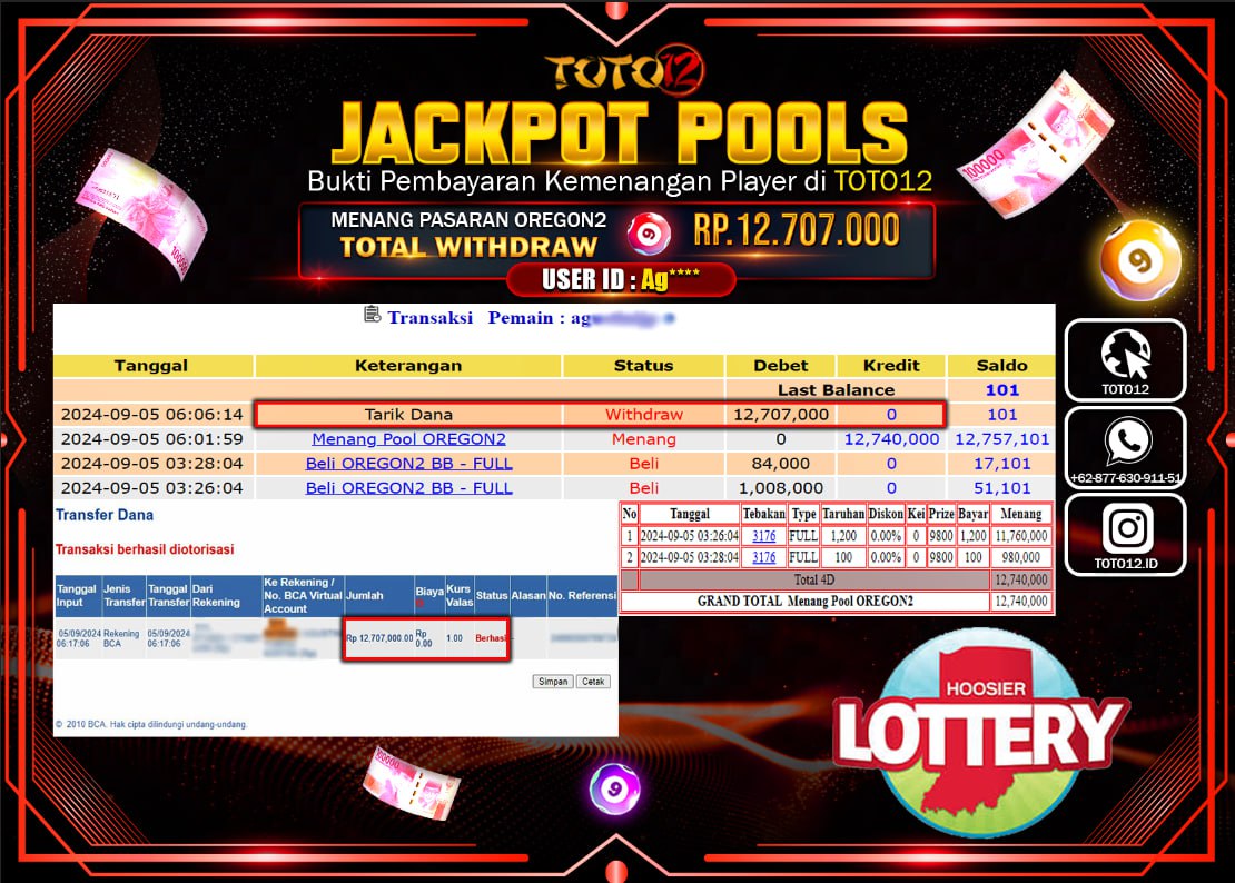HANYA DI TOTO12 JP PASTI DI BAYAR LUNAS DAN CEPAT!!!!!! JACKPOT POOLS MENANG PASARAN ( OREGON 2 ) Rp.12.707.000 !!!!
