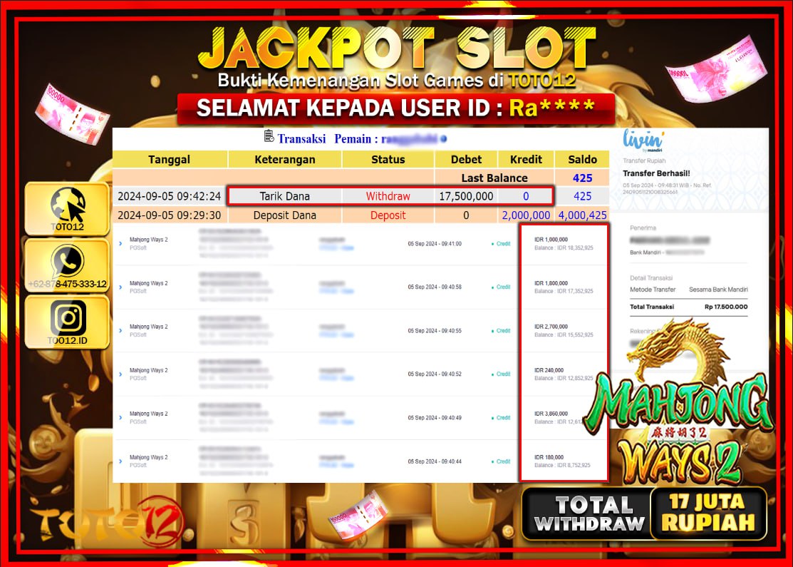 HANYA DI TOTO12 JP PASTI DI BAYAR LUNAS DAN CEPAT!!!!!! JACKPOT SLOT GAME ( MAHJONG WAYS ) Rp.17.000.000 !!!!