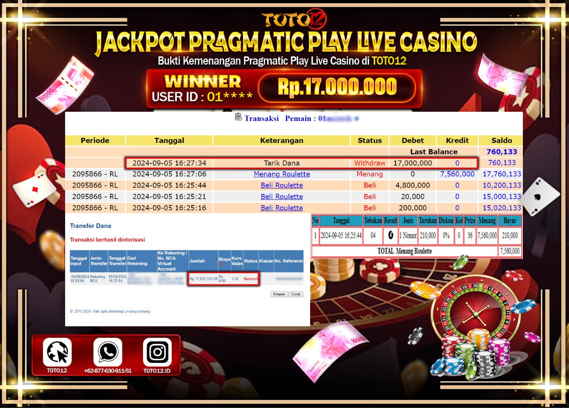 HANYA DI TOTO12 JP PASTI DI BAYAR LUNAS DAN CEPAT!!!!!! JACKPOT PRAGMATIC PLAY LIVE CASINO GAME ( ROULETTE ) Rp.17.000.000 !!!!