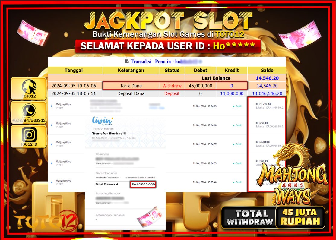 HANYA DI TOTO12 JP PASTI DI BAYAR LUNAS DAN CEPAT!!!!!! JACKPOT SLOT GAME ( MAHJONG WAYS ) Rp.45.000.000 !!!!