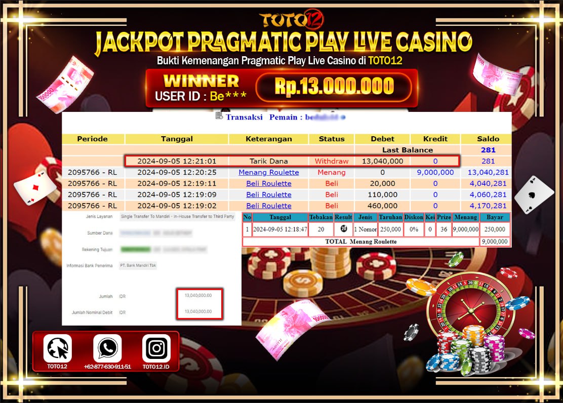HANYA DI TOTO12 JP PASTI DI BAYAR LUNAS DAN CEPAT!!!!!! JACKPOT PRAGMATIC PLAY LIVE CASINO GAME  ( ROULETTE ) Rp.13.000.000 !!!!