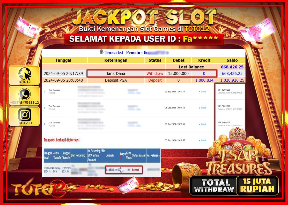 HANYA DI TOTO12 JP PASTI DI BAYAR LUNAS DAN CEPAT!!!!!! JACKPOT SLOT GAME ( TSAR TREASURE ) Rp.15.000.000 !!!!