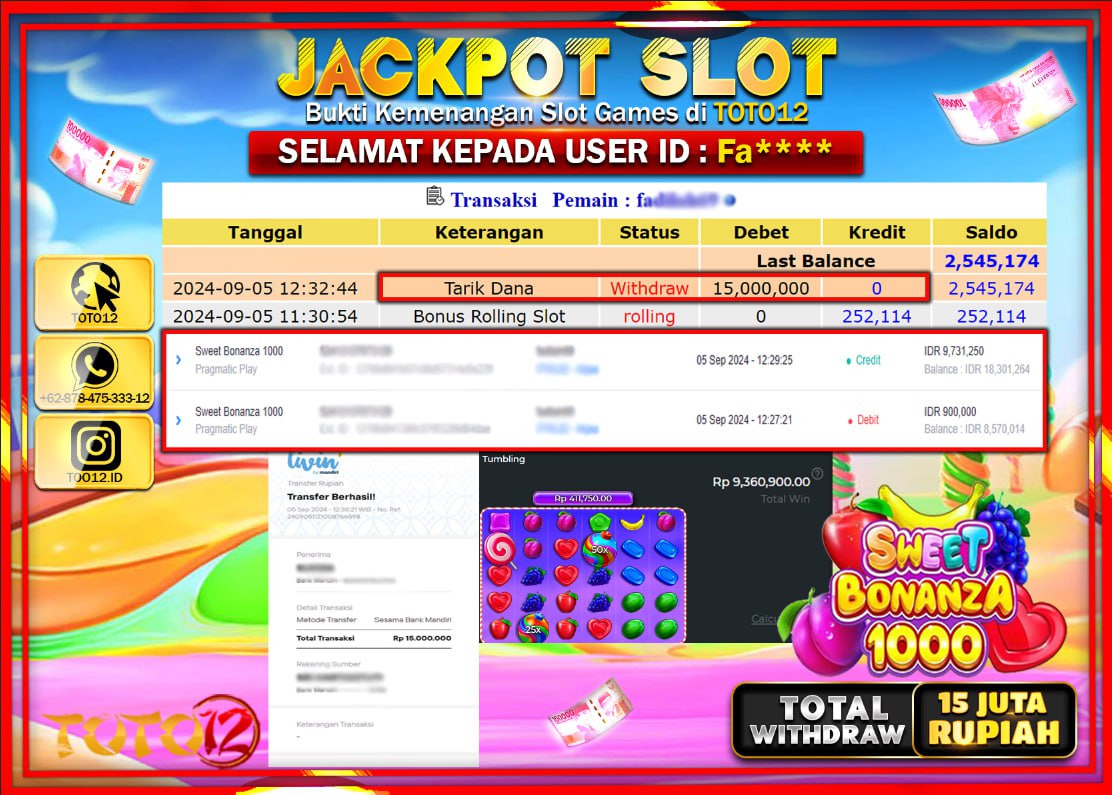 HANYA DI TOTO12 JP PASTI DI BAYAR LUNAS DAN CEPAT!!!!!! JACKPOT SLOT GAME ( SWEET BONANZA 1000 ) Rp.15.000.000 !!!!