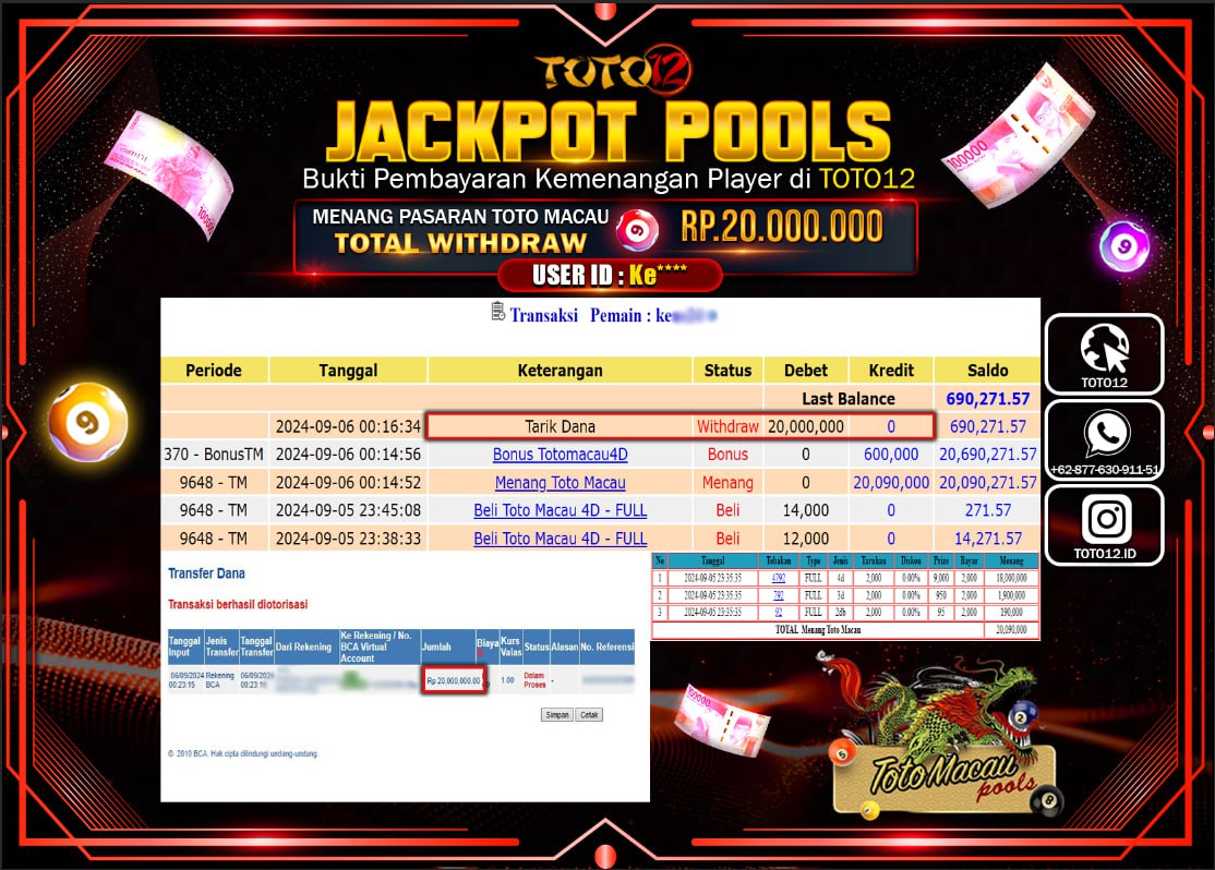 HANYA DI TOTO12 JP PASTI DI BAYAR LUNAS DAN CEPAT!!!!!! JACKPOT POOLS MENANG PASARAN ( TOTOAMCAU4D ) Rp.20.000.000 !!!!