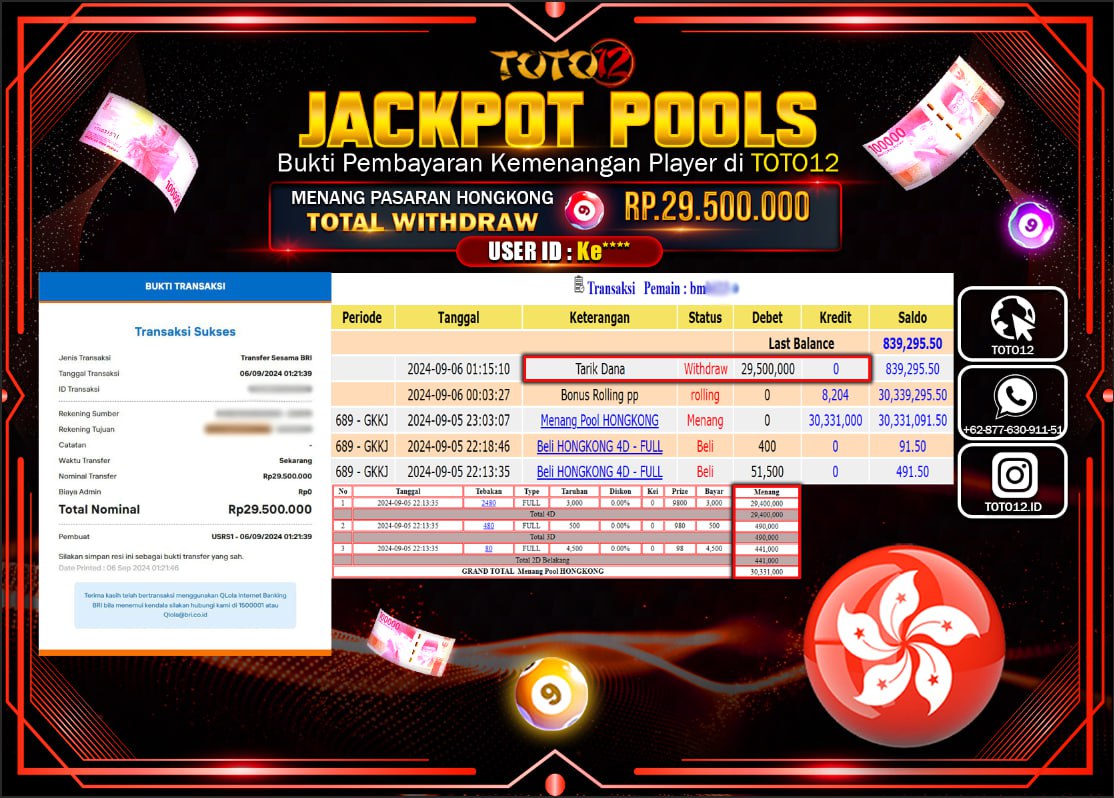 HANYA DI TOTO12 JP PASTI DI BAYAR LUNAS DAN CEPAT!!!!!! JACKPOT POOLS MENANG PASARAN ( HONGKONG  ) Rp.29.500.000 !!!!