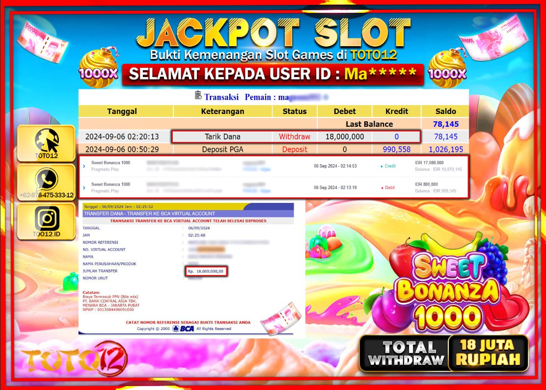 HANYA DI TOTO12 JP PASTI DI BAYAR LUNAS DAN CEPAT!!!!!! JACKPOT SLOT GAME ( SWEET BONANZA 1000 ) Rp.18.000.000 !!!!