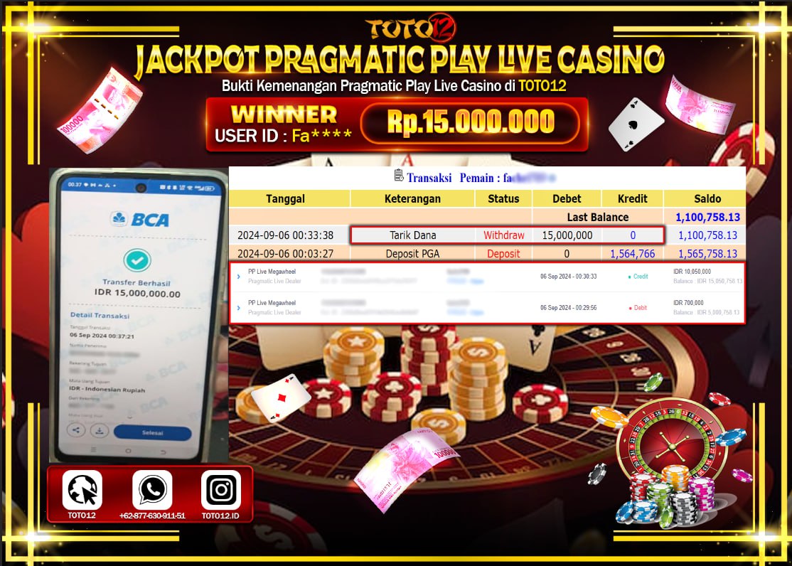 HANYA DI TOTO12 JP PASTI DI BAYAR LUNAS DAN CEPAT!!!!!! JACKPOT PRAGMATIC PLAY LIVE CASINO GAME  ( MEGA WHEEL ) Rp.15.000.000 !!!!