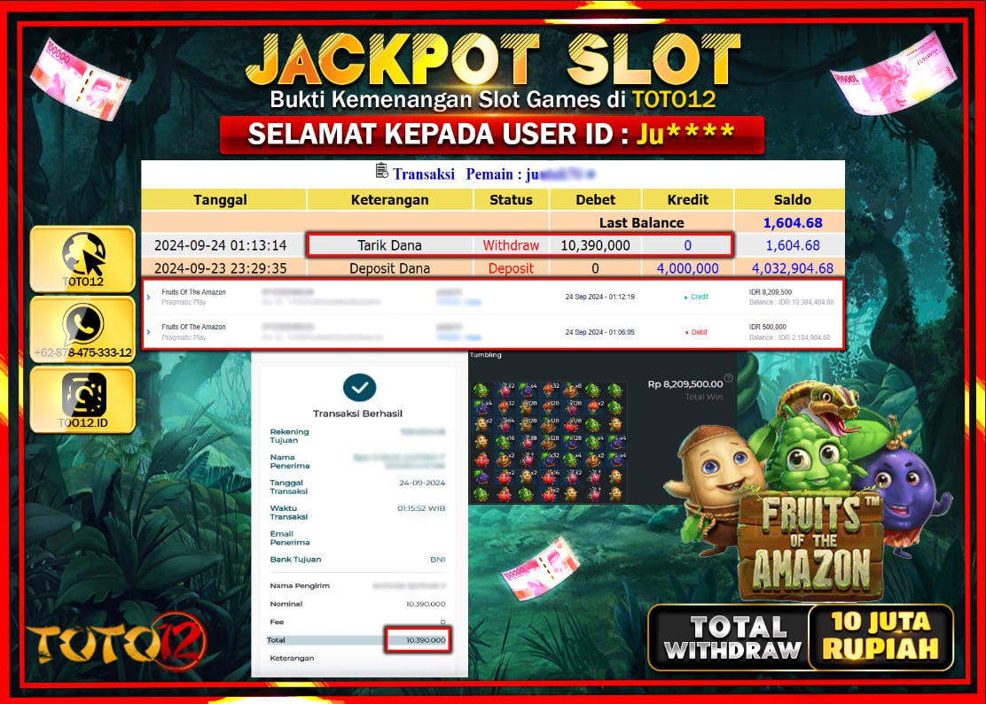 HANYA DI TOTO12 JP PASTI DI BAYAR LUNAS DAN CEPAT!!!!!! JACKPOT SLOT GAME ( FRUITS OF THE AMAZON  ) Rp.10.000.000 !!!!