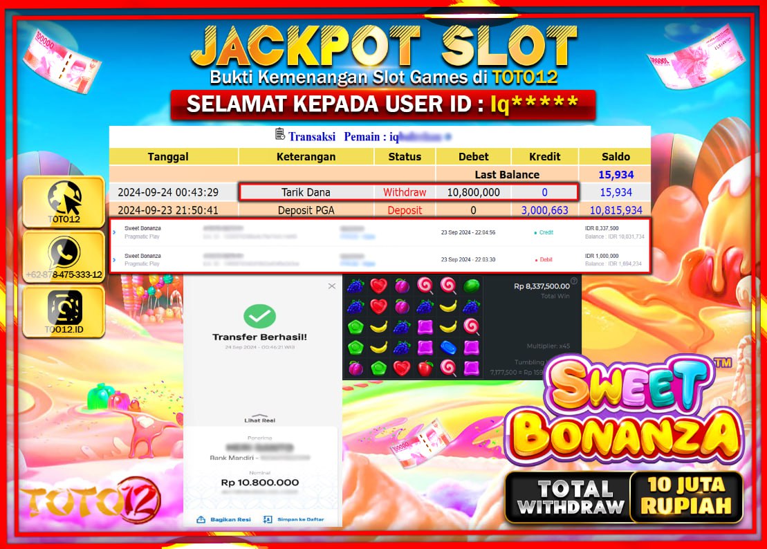 HANYA DI TOTO12 JP PASTI DI BAYAR LUNAS DAN CEPAT!!!!!! JACKPOT SLOT GAME ( SWEET BONANZA  ) Rp.10.000.000 !!!!