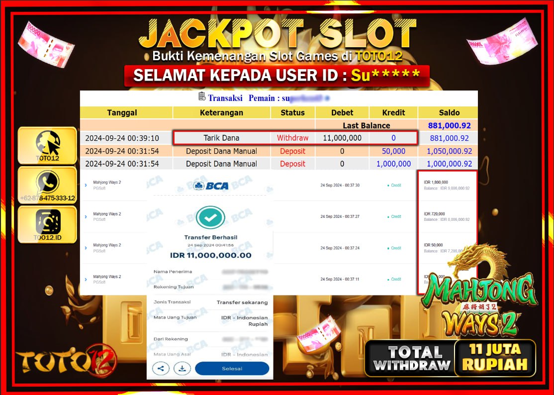 HANYA DI TOTO12 JP PASTI DI BAYAR LUNAS DAN CEPAT!!!!!! JACKPOT SLOT GAME ( MAHJONG WAYS 2  ) Rp.11.000.000 !!!!