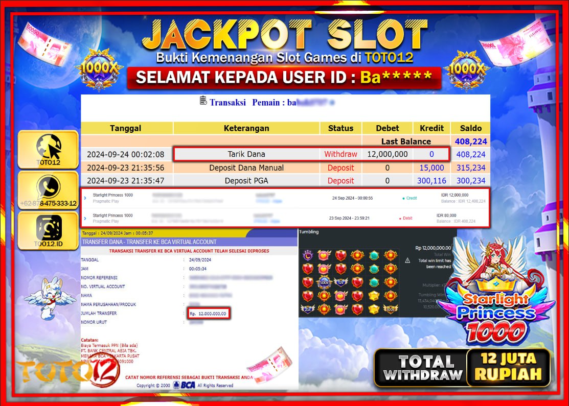HANYA DI TOTO12 JP PASTI DI BAYAR LUNAS DAN CEPAT!!!!!! JACKPOT SLOT GAME ( STARLIGHT PRINCESS 1000 ) Rp.12.000.000 !!!!