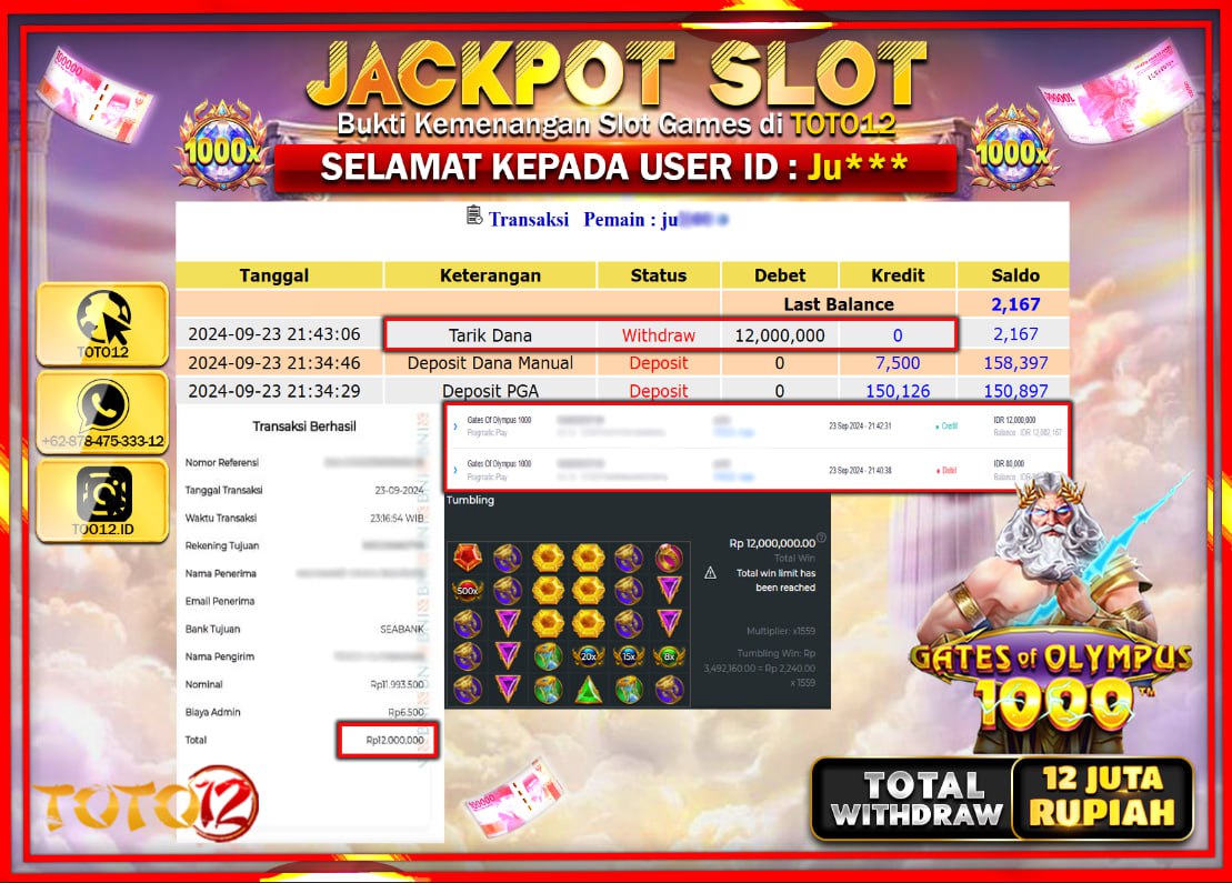 HANYA DI TOTO12 JP PASTI DI BAYAR LUNAS DAN CEPAT!!!!!! JACKPOT SLOT GAME ( GATES OF OLYMPUS 1000 ) Rp.12.000.000 !!!!