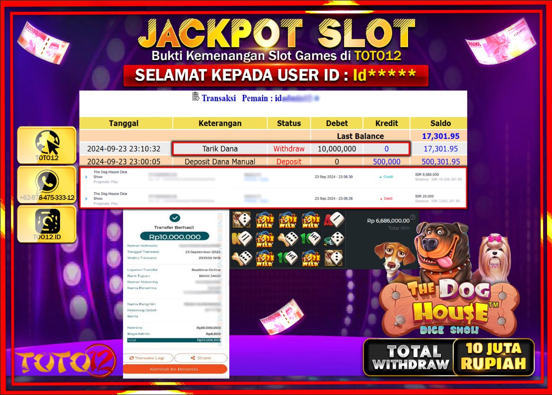 HANYA DI TOTO12 JP PASTI DI BAYAR LUNAS DAN CEPAT!!!!!! JACKPOT SLOT GAME ( THE DOG HOUSE ) Rp.10.000.000 !!!!