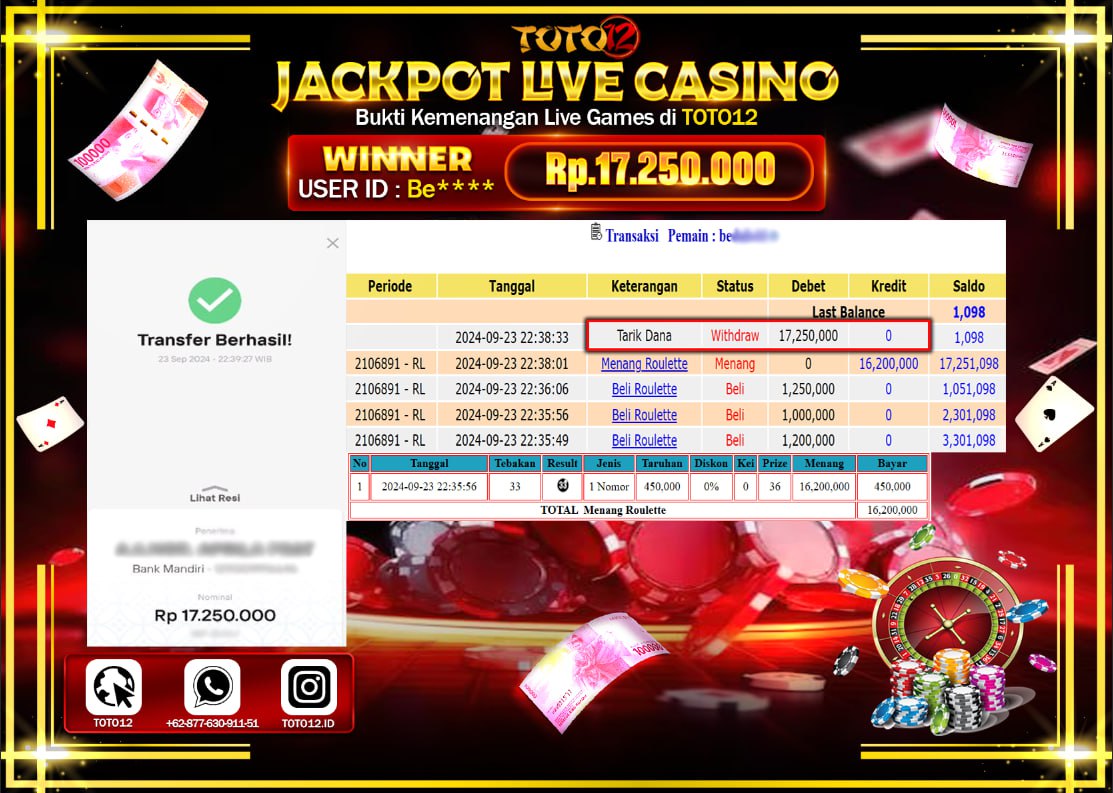 HANYA DI TOTO12 JP PASTI DI BAYAR LUNAS DAN CEPAT!!!!!! JACKPOT LIVE GAME  ( ROULETTE ) Rp.17.250.000 !!!!