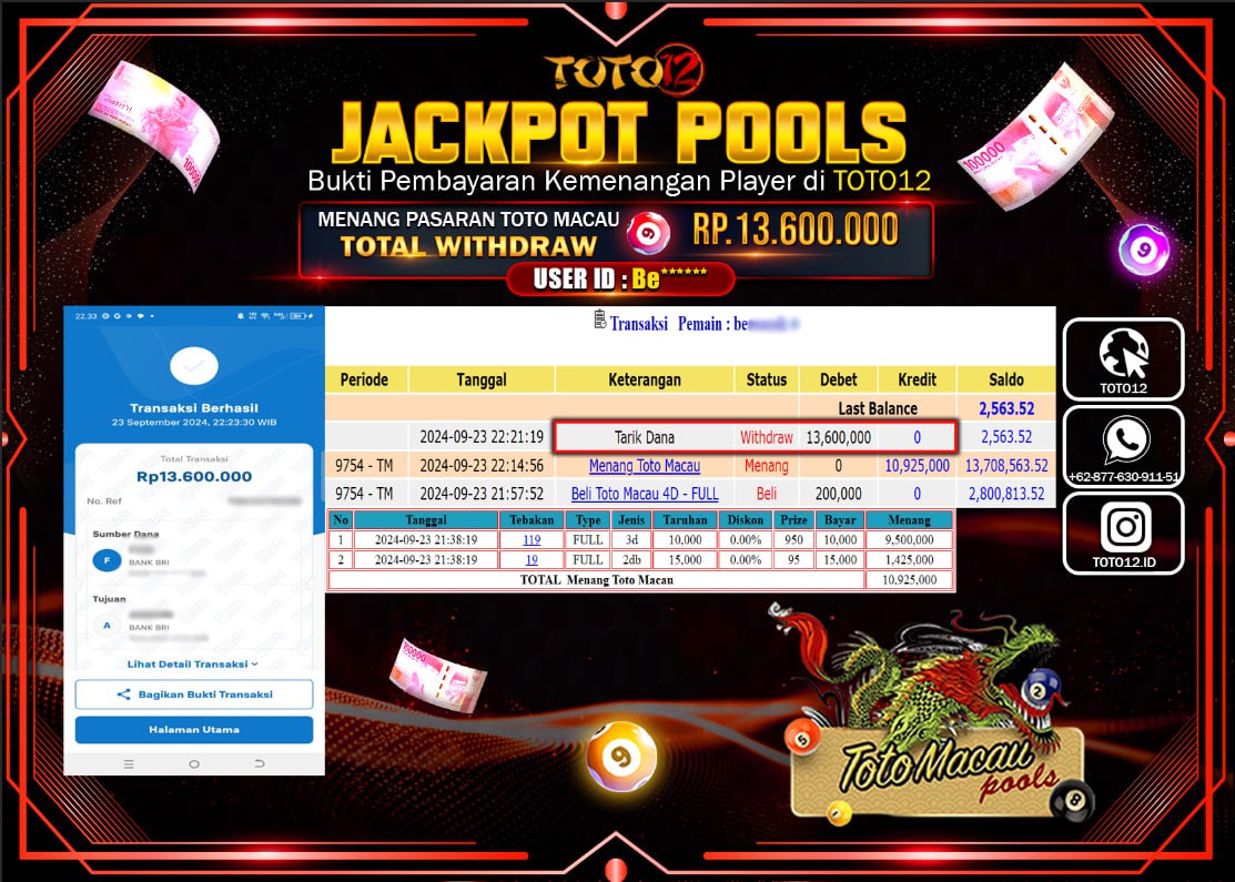 HANYA DI TOTO12 JP PASTI DI BAYAR LUNAS DAN CEPAT!!!!!! JACKPOT POOLS MENANG PASARAN ( TOTOMACAU4D ) Rp.13.600.000 !!!!
