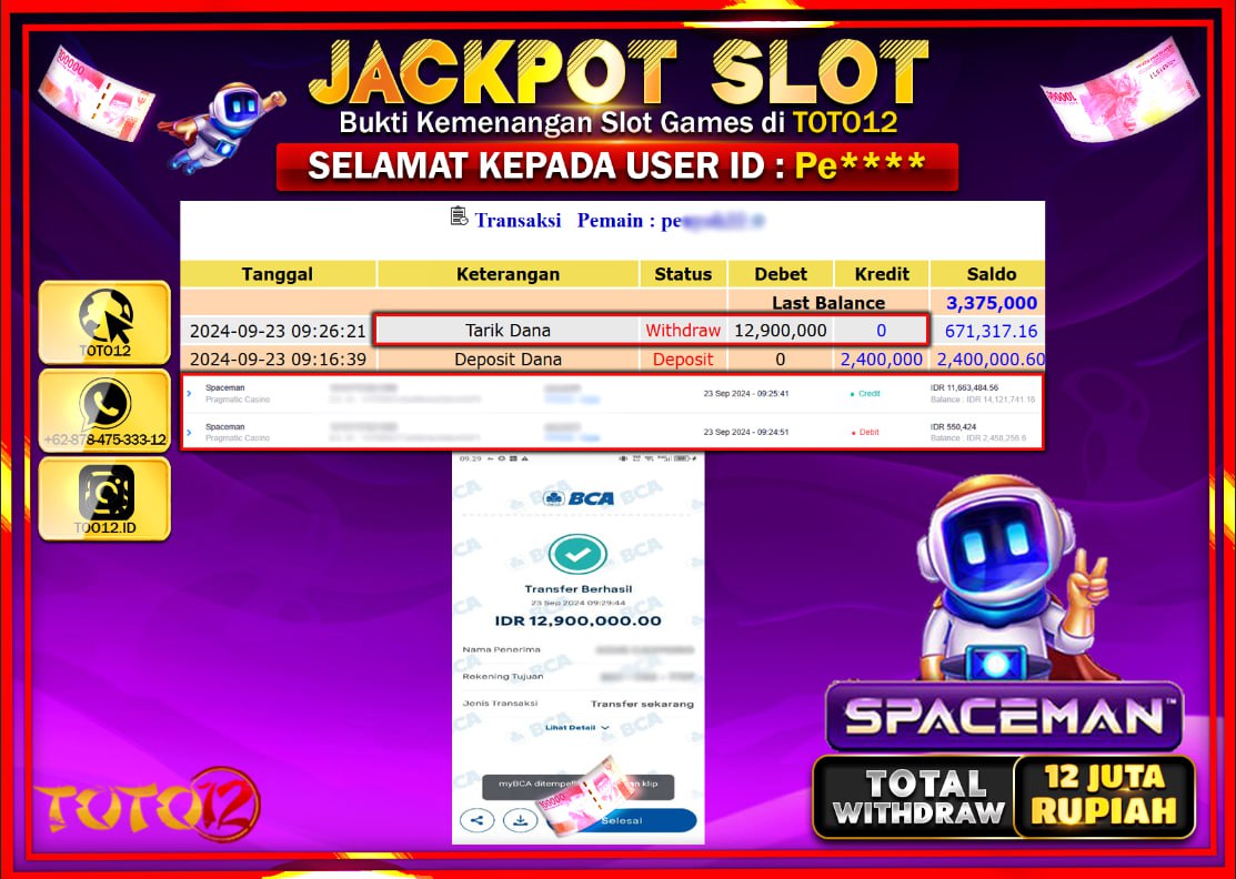 HANYA DI TOTO12 JP PASTI DI BAYAR LUNAS DAN CEPAT!!!!!! JACKPOT SLOT GAME ( SPACEMAN  ) Rp.12.000.000 !!!!