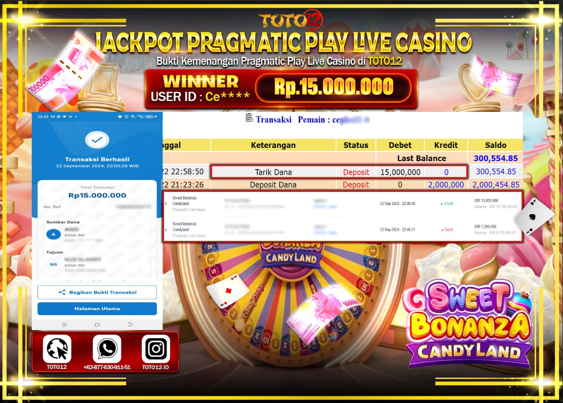 HANYA DI TOTO12 JP PASTI DI BAYAR LUNAS DAN CEPAT!!!!!! JACKPOT PRAGMATIC PLAY LIVE CASINO GAME  ( SWEET BONANZA CANDY LAND) Rp.15.000.000 !!!!
