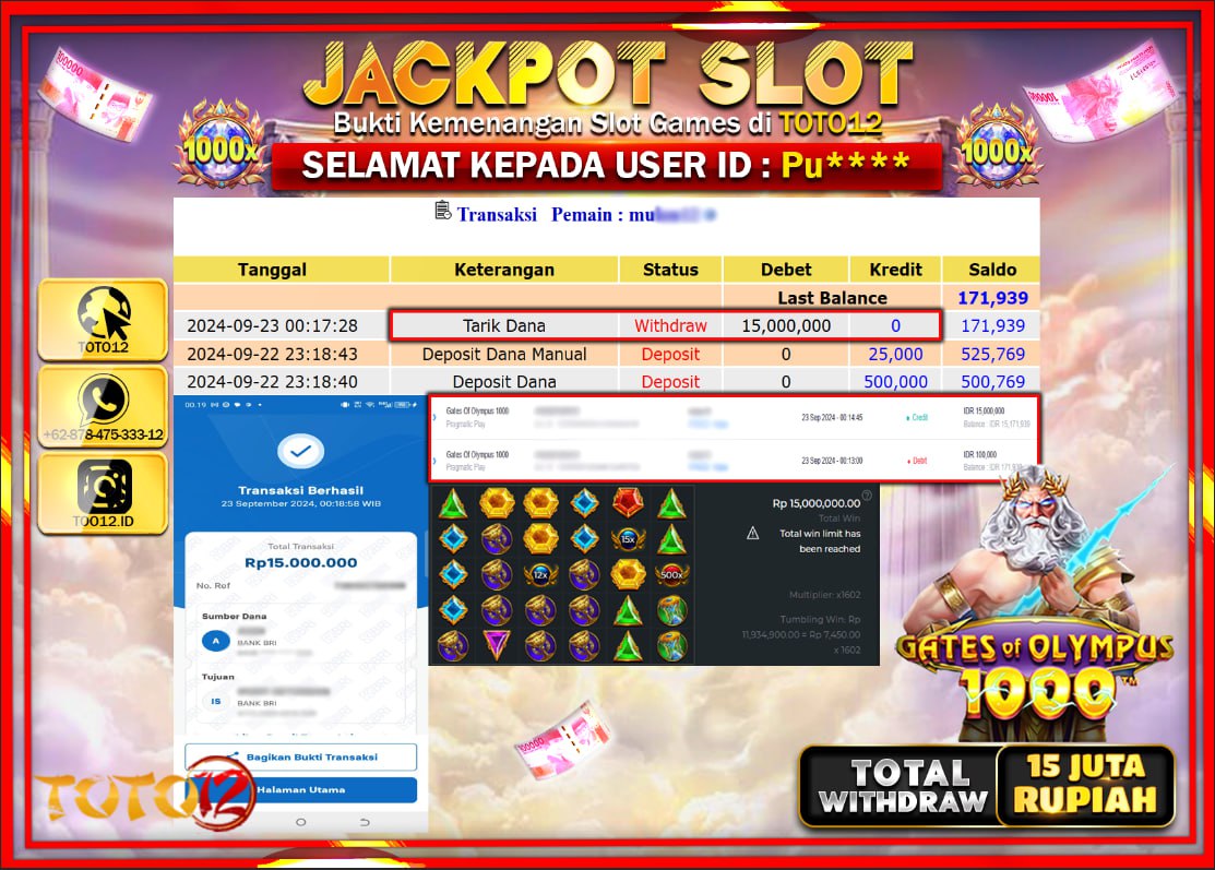 HANYA DI TOTO12 JP PASTI DI BAYAR LUNAS DAN CEPAT!!!!!! JACKPOT SLOT GAME ( GATES OF OLYMPUS 1000 ) Rp.15.000.000 !!!!