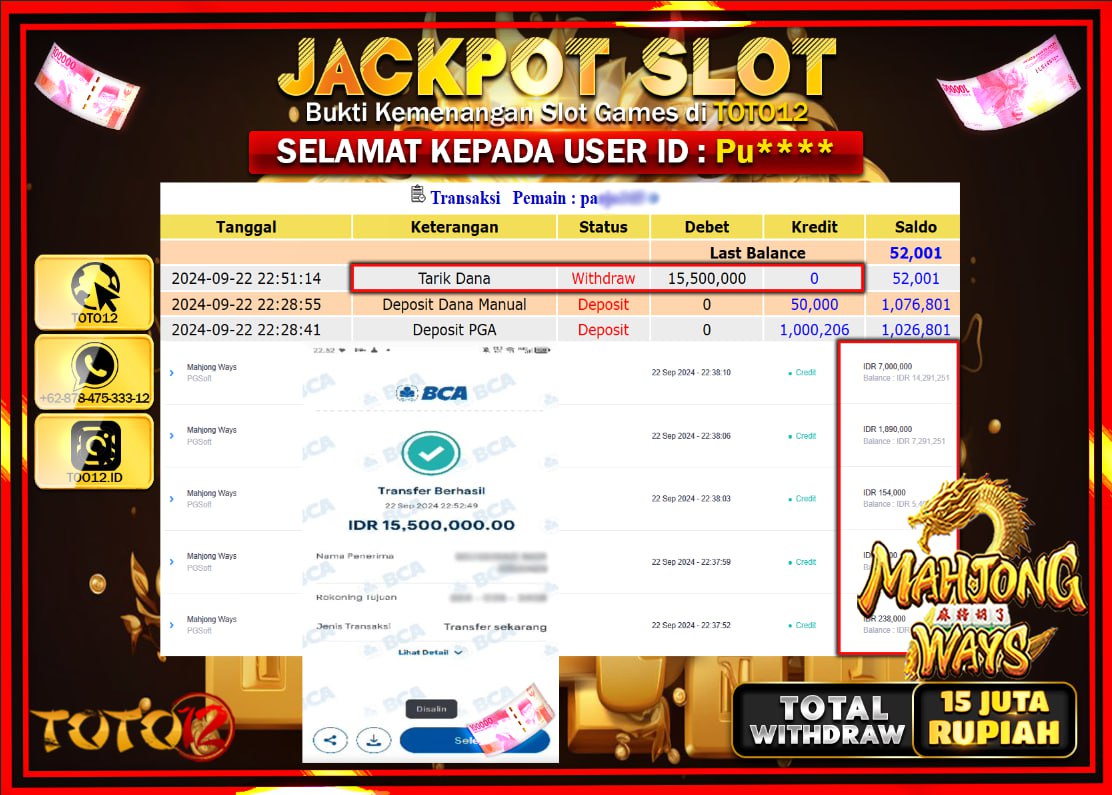 HANYA DI TOTO12 JP PASTI DI BAYAR LUNAS DAN CEPAT!!!!!! JACKPOT SLOT GAME ( MAHJONG WAYS ) Rp.15.000.000 !!!!