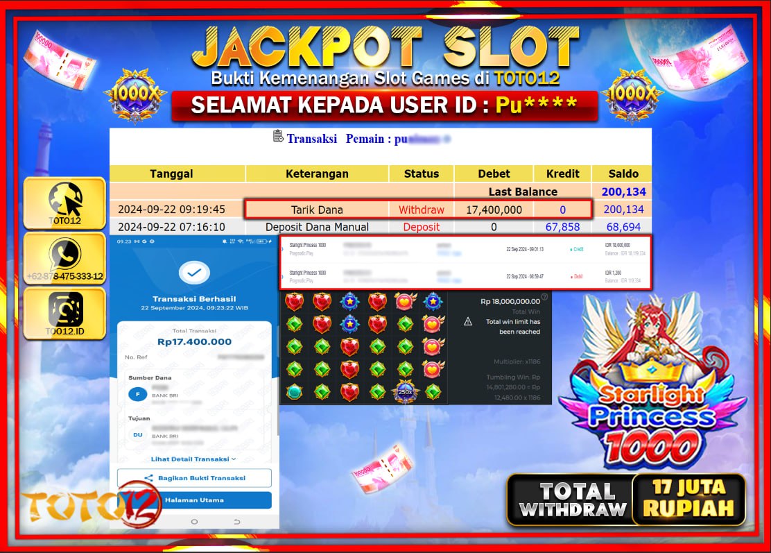 HANYA DI TOTO12 JP PASTI DI BAYAR LUNAS DAN CEPAT!!!!!! JACKPOT SLOT GAME ( STARLIGHT PRINCESS 1000 ) Rp.17.000.000 !!!!