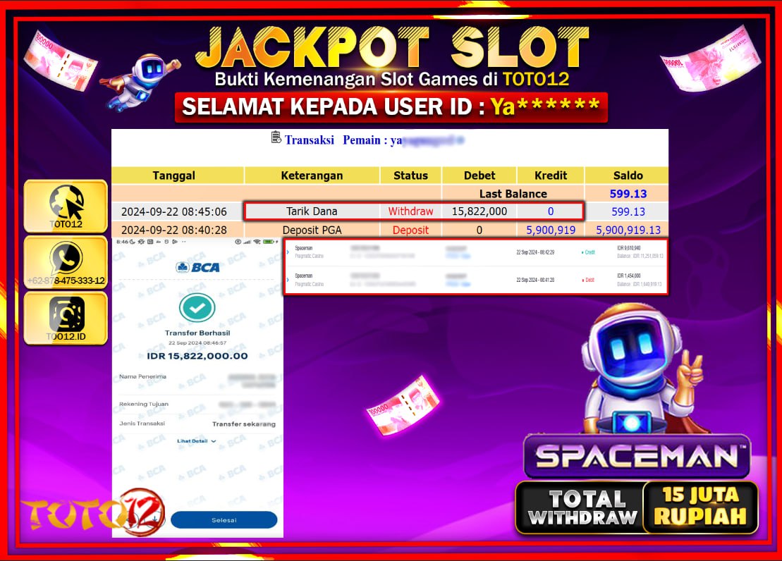 HANYA DI TOTO12 JP PASTI DI BAYAR LUNAS DAN CEPAT!!!!!! JACKPOT SLOT GAME ( SPACEMAN ) Rp.15.000.000 !!!!