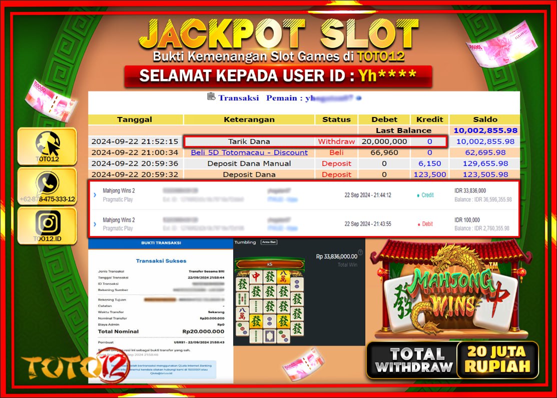 HANYA DI TOTO12 JP PASTI DI BAYAR LUNAS DAN CEPAT!!!!!! JACKPOT SLOT GAME ( MAHJONG WINS ) Rp.20.000.000 !!!!