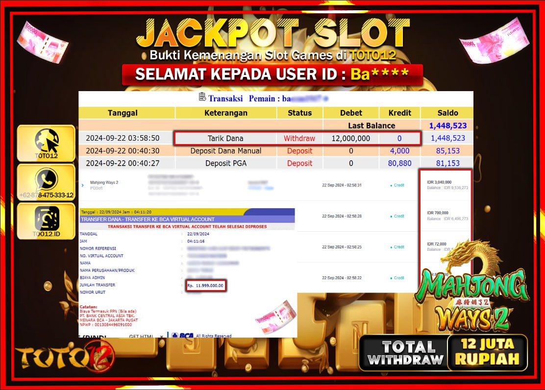 HANYA DI TOTO12 JP PASTI DI BAYAR LUNAS DAN CEPAT!!!!!! JACKPOT SLOT GAME ( MAHJONG WAYS 2 ) Rp.12.000.000 !!!!